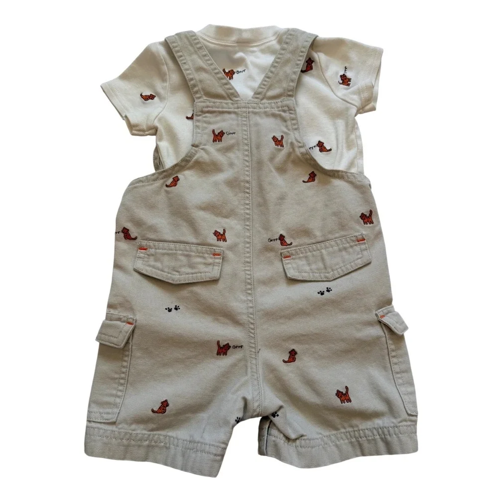 VTG Gymboree Baby Boy 2pc Set Khaki Tiger Embroidered Cargo Overalls Shirt 6-12M